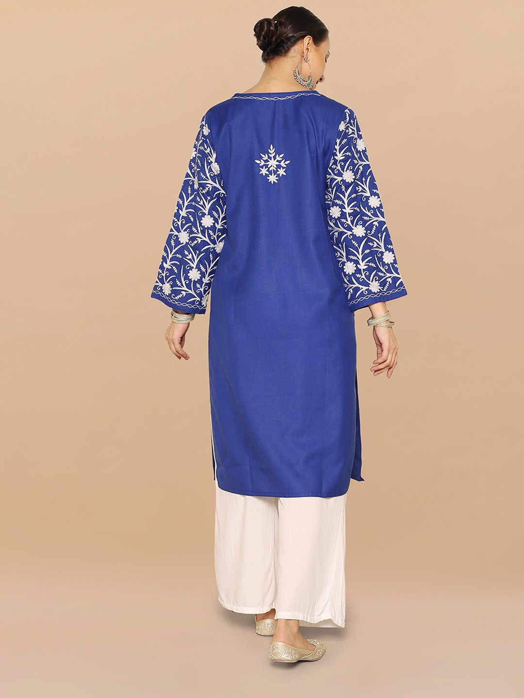 HOUSE OF KARI Floral Embroidered V-Neck Cotton Straight Falak Kashmiri Kurta