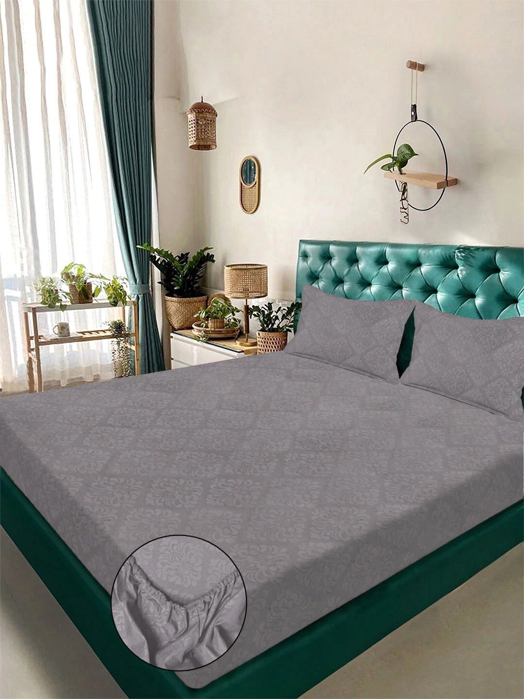 Myntra Elegant Homes Grey Floral 300 TC King Bedsheet with 2 Pillow Covers