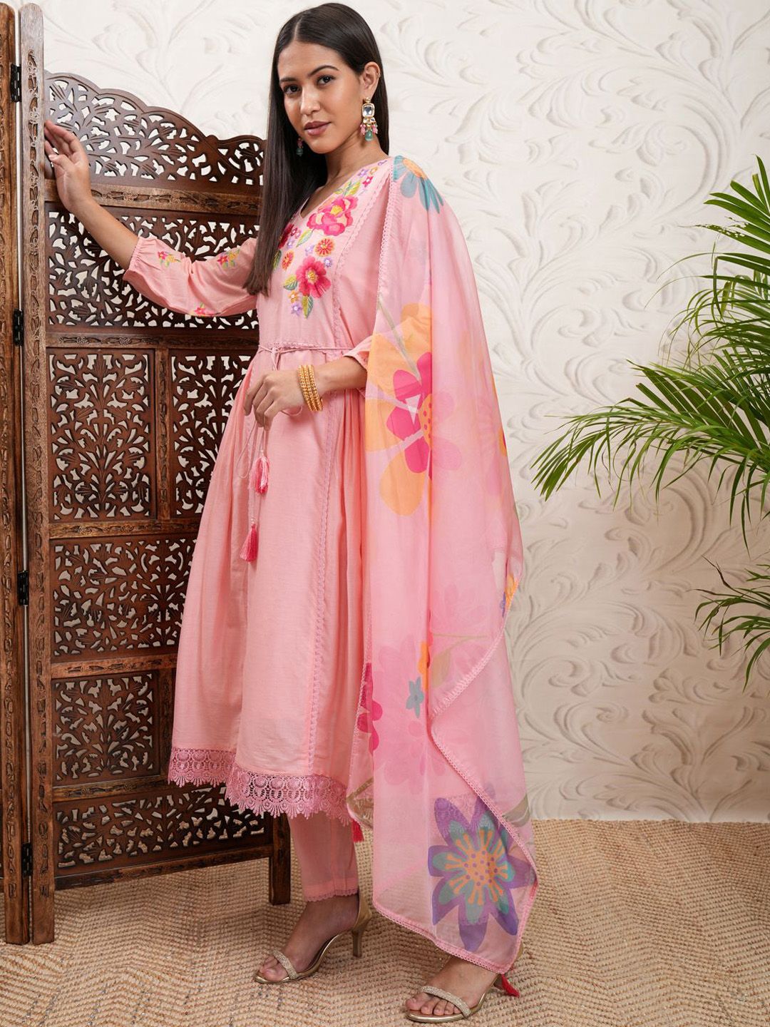 Vishudh Peach Coloured Floral Embroidered V Neck Anarkali Kurta & Trousers With Dupatta