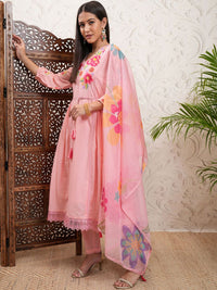 Vishudh Peach Coloured Floral Embroidered V Neck Anarkali Kurta & Trousers With Dupatta