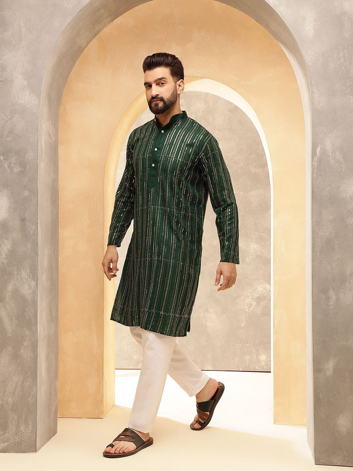 Anouk Green Striped Embroidered Sequinned Pure Cotton Straight Kurta With Pyjama