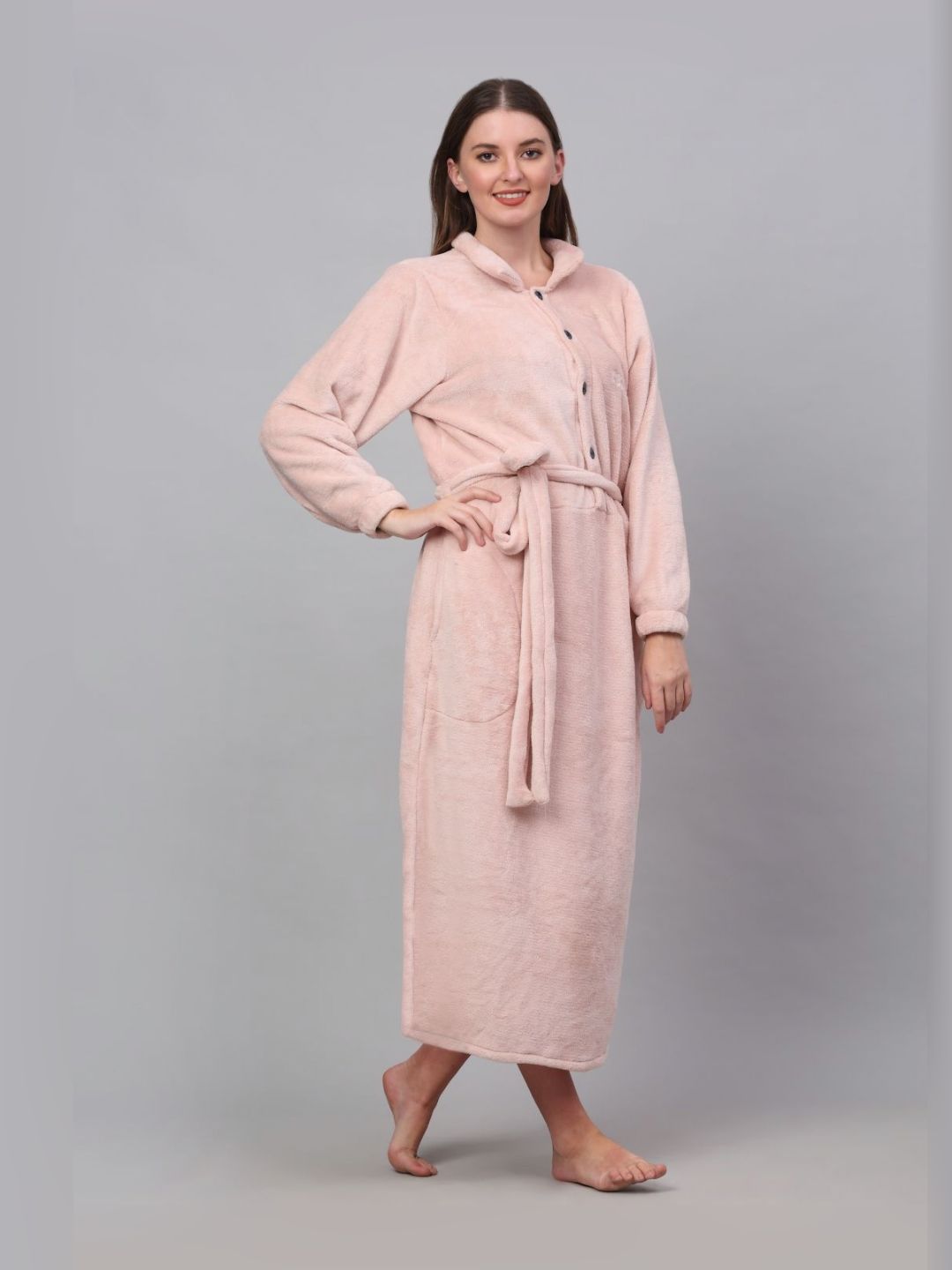 KLOTTHE Pink Woollen Long Sleeves Bath Robe With Belt