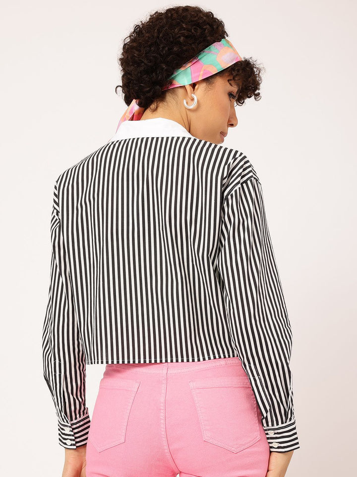 DressBerry Monochrome Stripes Contrast Placket Crop Shirt