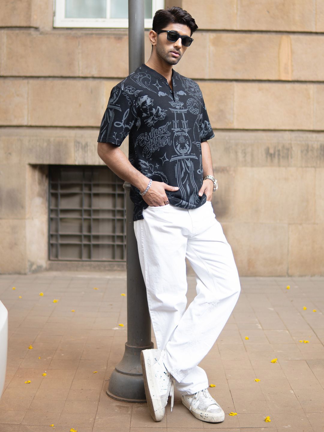 Powerlook Japanese Printed Henley Collar Drop-Shoulder Sleeves T-shirt