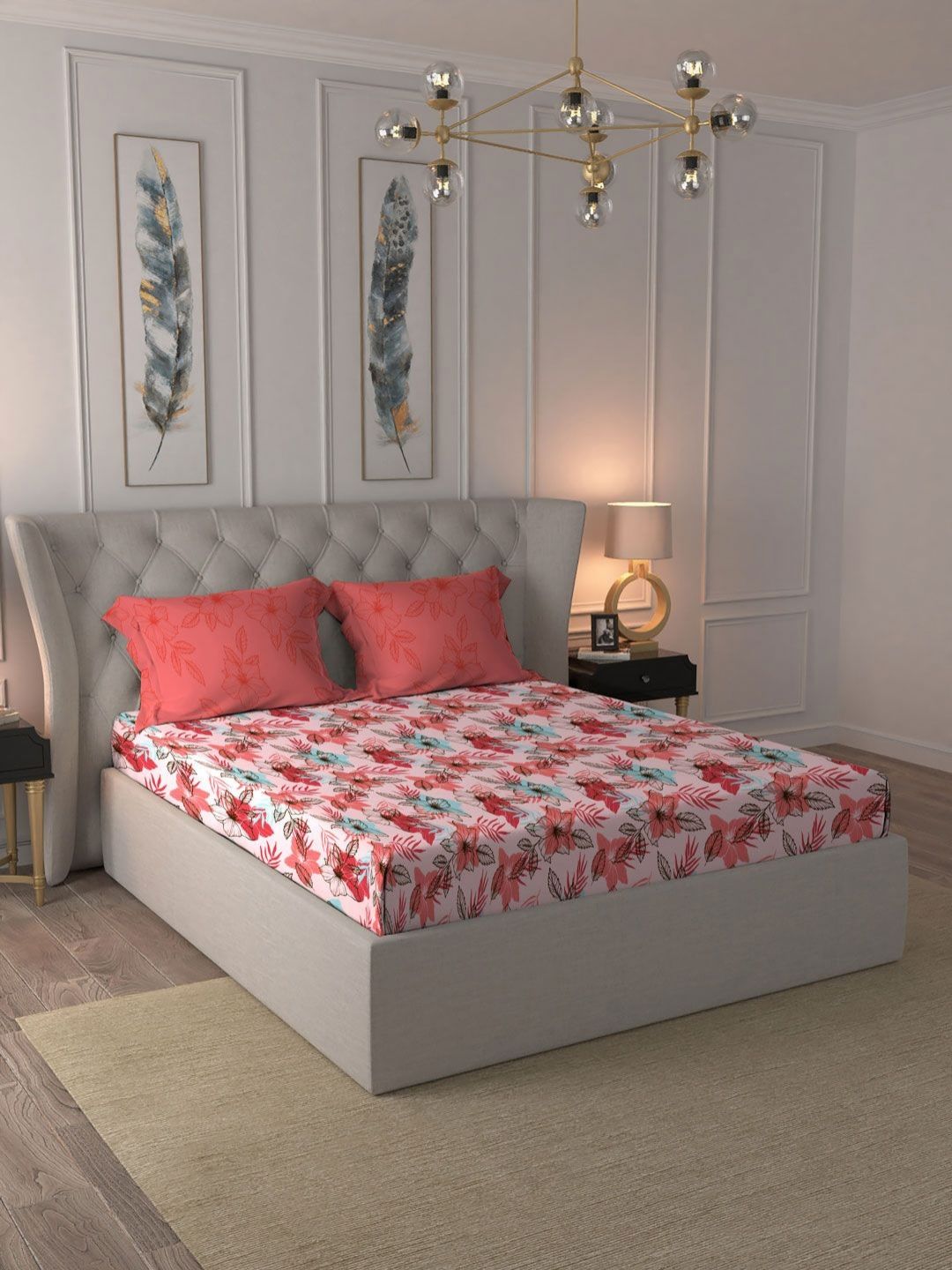 MYTRIDENT Flora Pink Moments Flat 120TC Queen Cotton Bedsheet Set