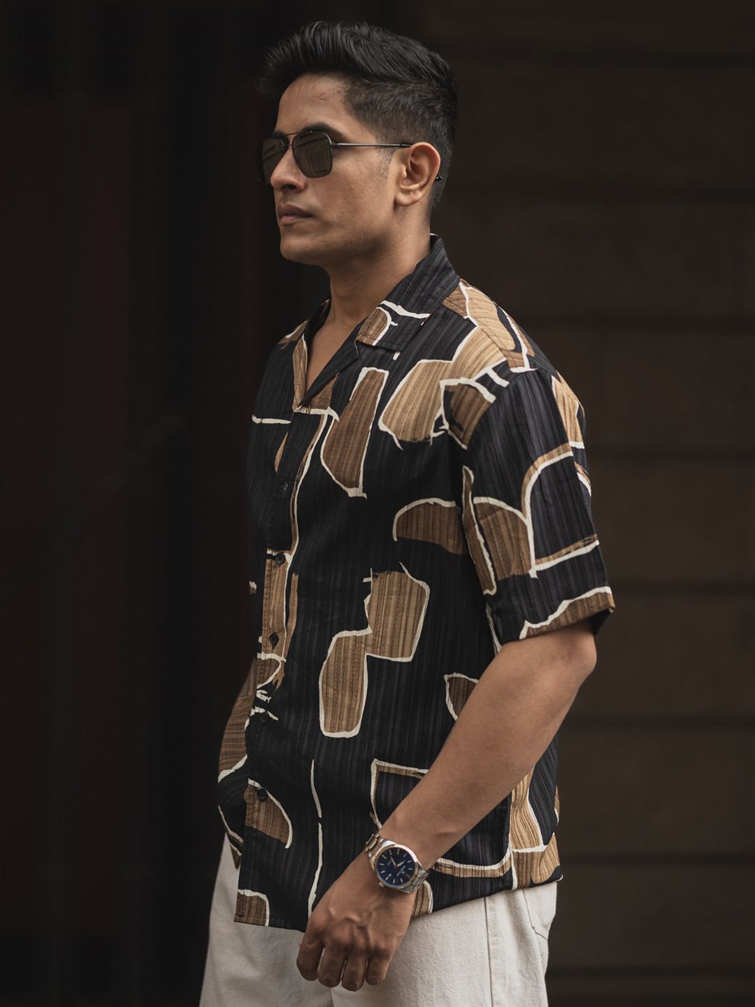 Powerlook Men Cuban Collar Abstract Printed Oversized Casual Shirt