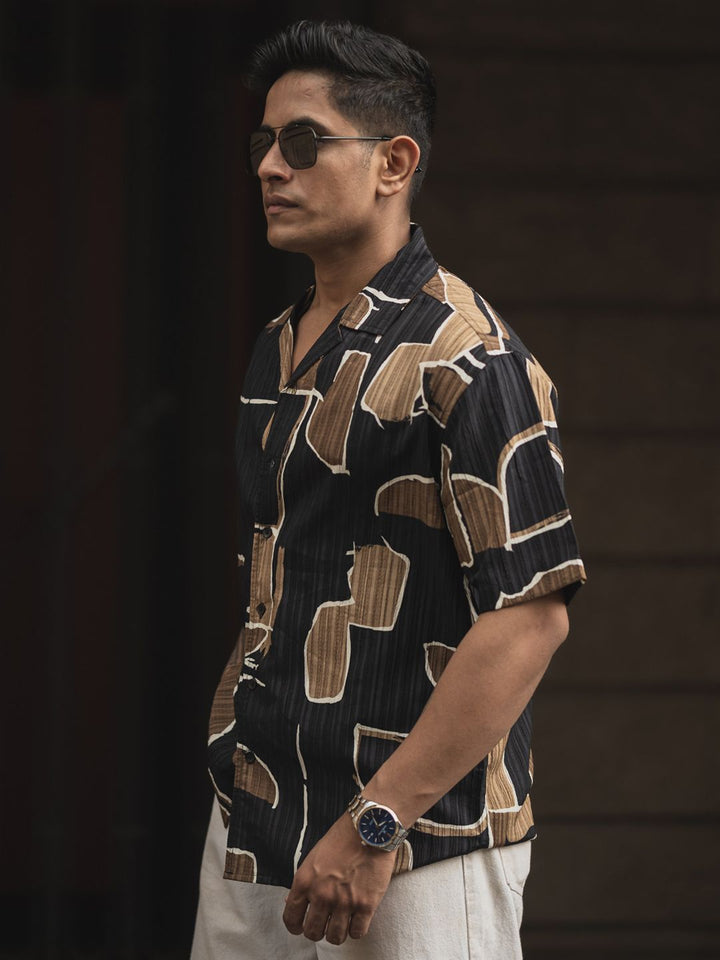 Powerlook Men Cuban Collar Abstract Printed Oversized Casual Shirt