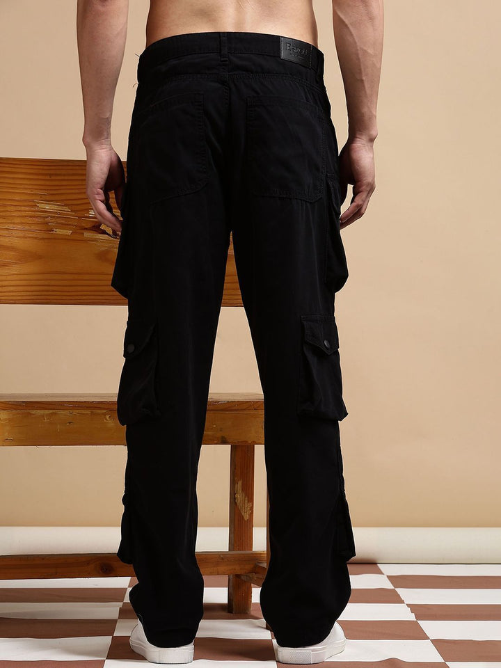 Eszett Men Black High-Rise Baggy Seluar Mudah Dicuci Cargos