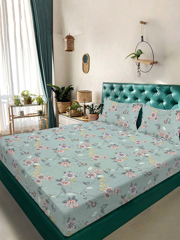 Myntra Elegant Homes Green & Pink Printed 300 TC Fitted King Bedsheet Set 2.5 x 2.25 m