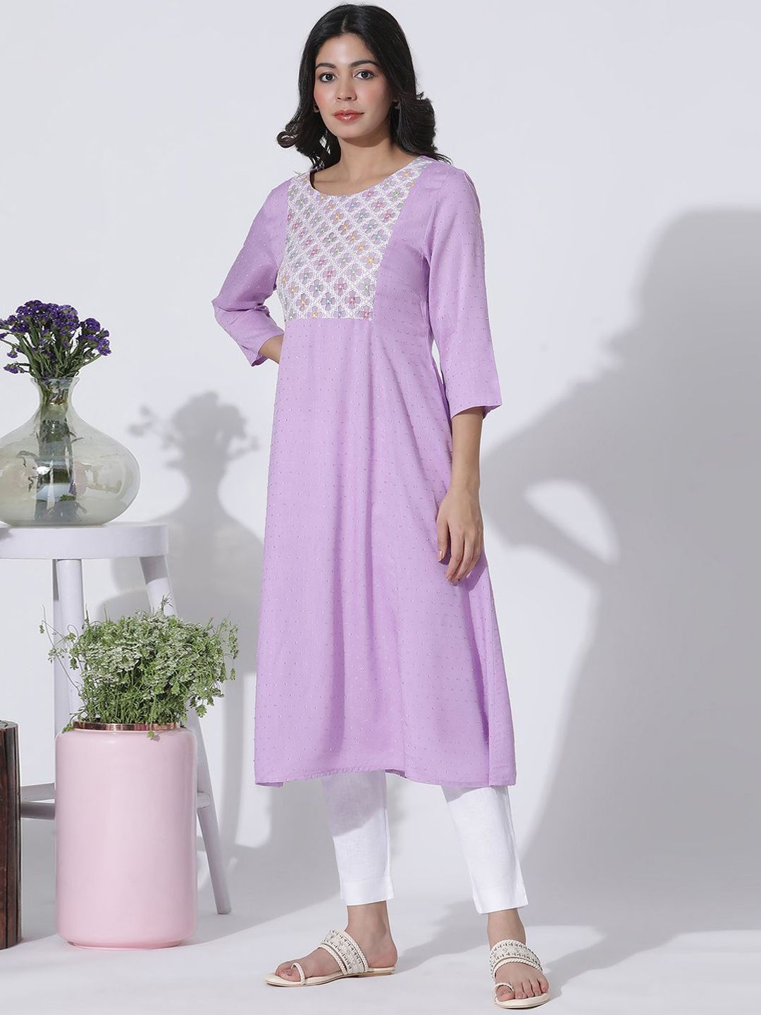 W Women Flared Sleeves Mirror Work Anarkali Kurta