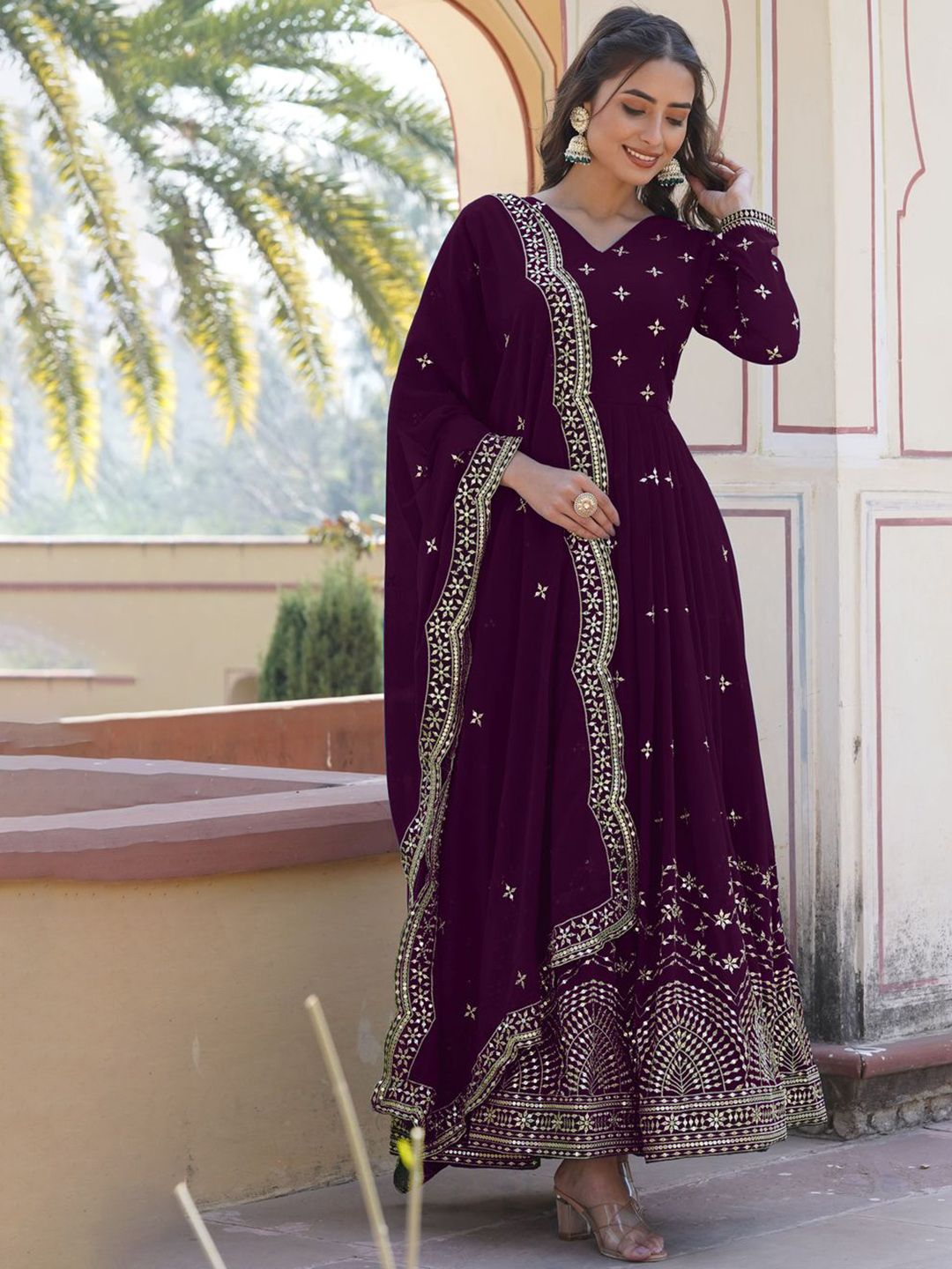 KALINI Floral Embroidered V Neck Gotta Patti Work Georgette Anarkali Kurta With Dupatta