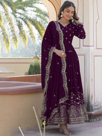 KALINI Floral Embroidered V Neck Gotta Patti Work Georgette Anarkali Kurta With Dupatta