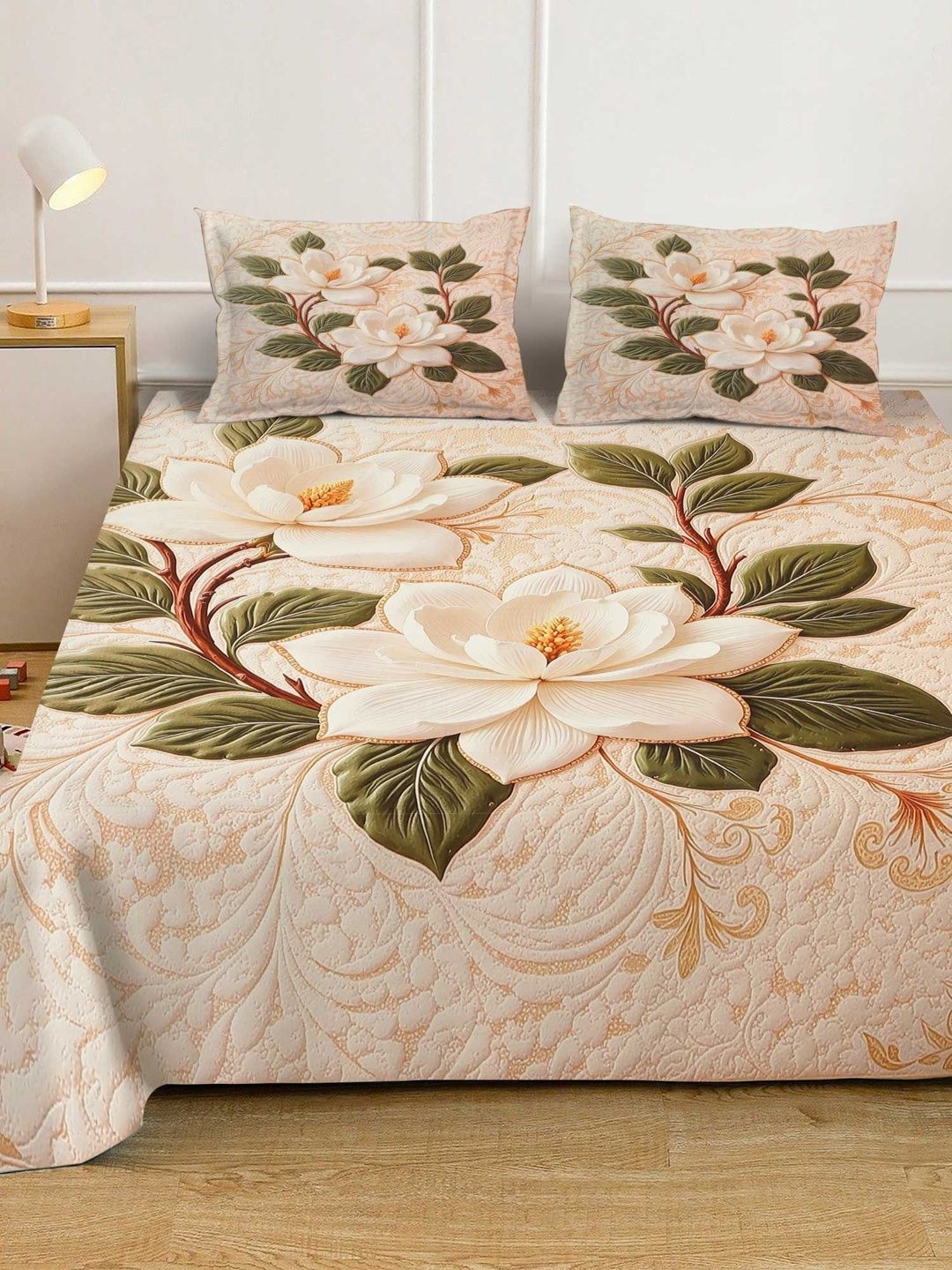 Myntra Elegant Homes Cream Printed 400 TC Dilengkapi Cadar Katil Double Dengan 2 Sarung Bantal