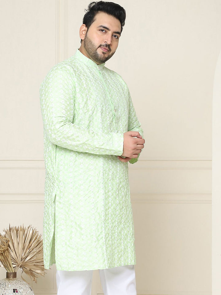 SOJANYA Plus Floral Embroidered Mandarin Collar Long Sleeves Cotton Silk Straight Kurta