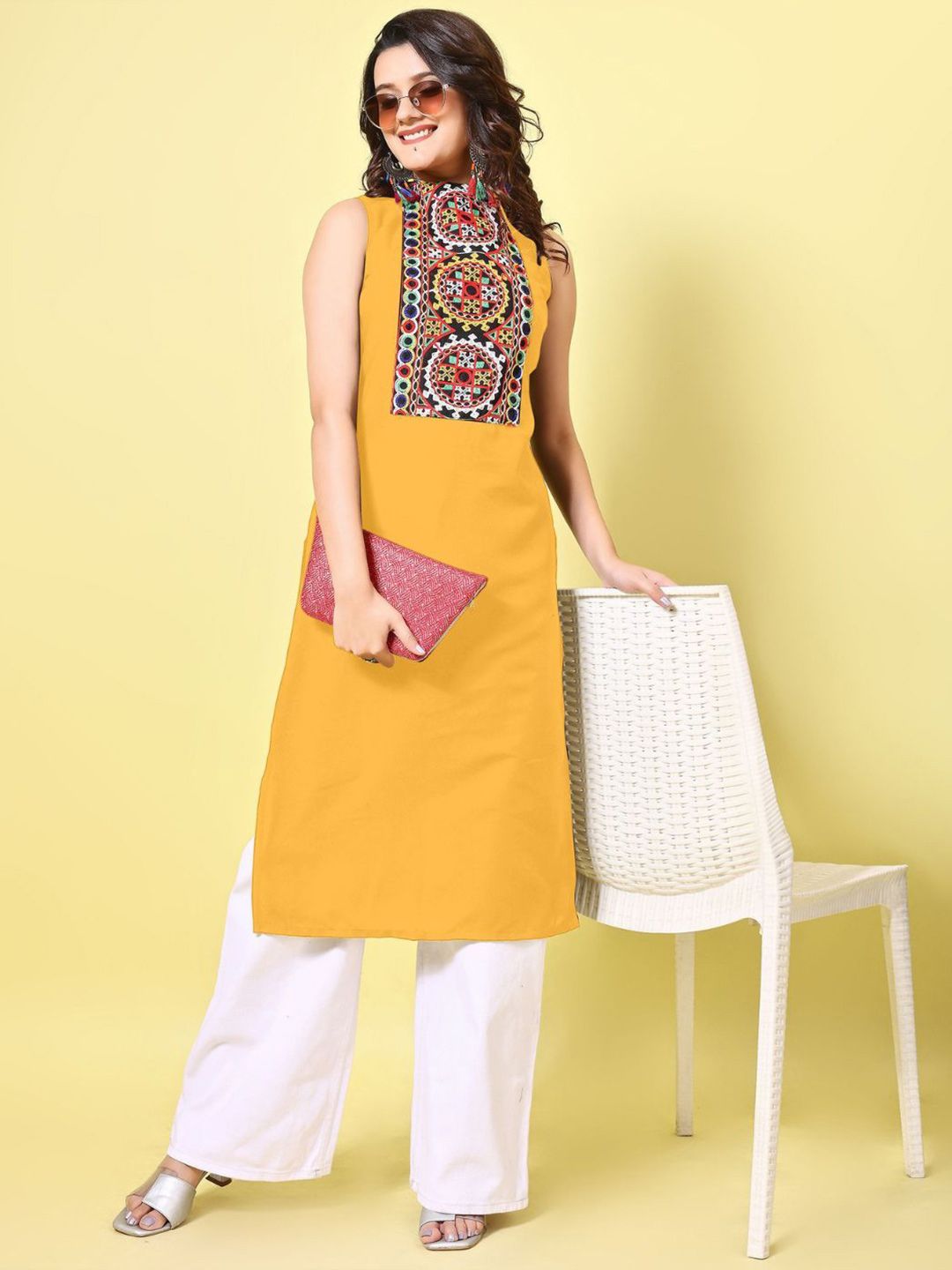 KALINI Women Cotton Blend Embroidered High Neck Straight Kurta