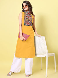 KALINI Women Cotton Blend Embroidered High Neck Straight Kurta