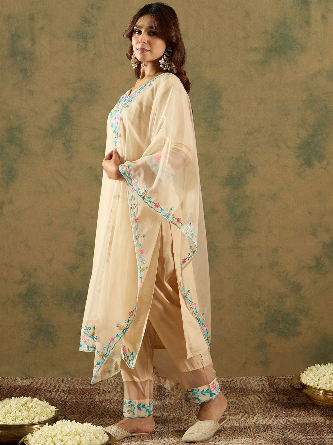 Indo Era Floral Embroidered Thread Work Kurta With Trousers & Dupatta