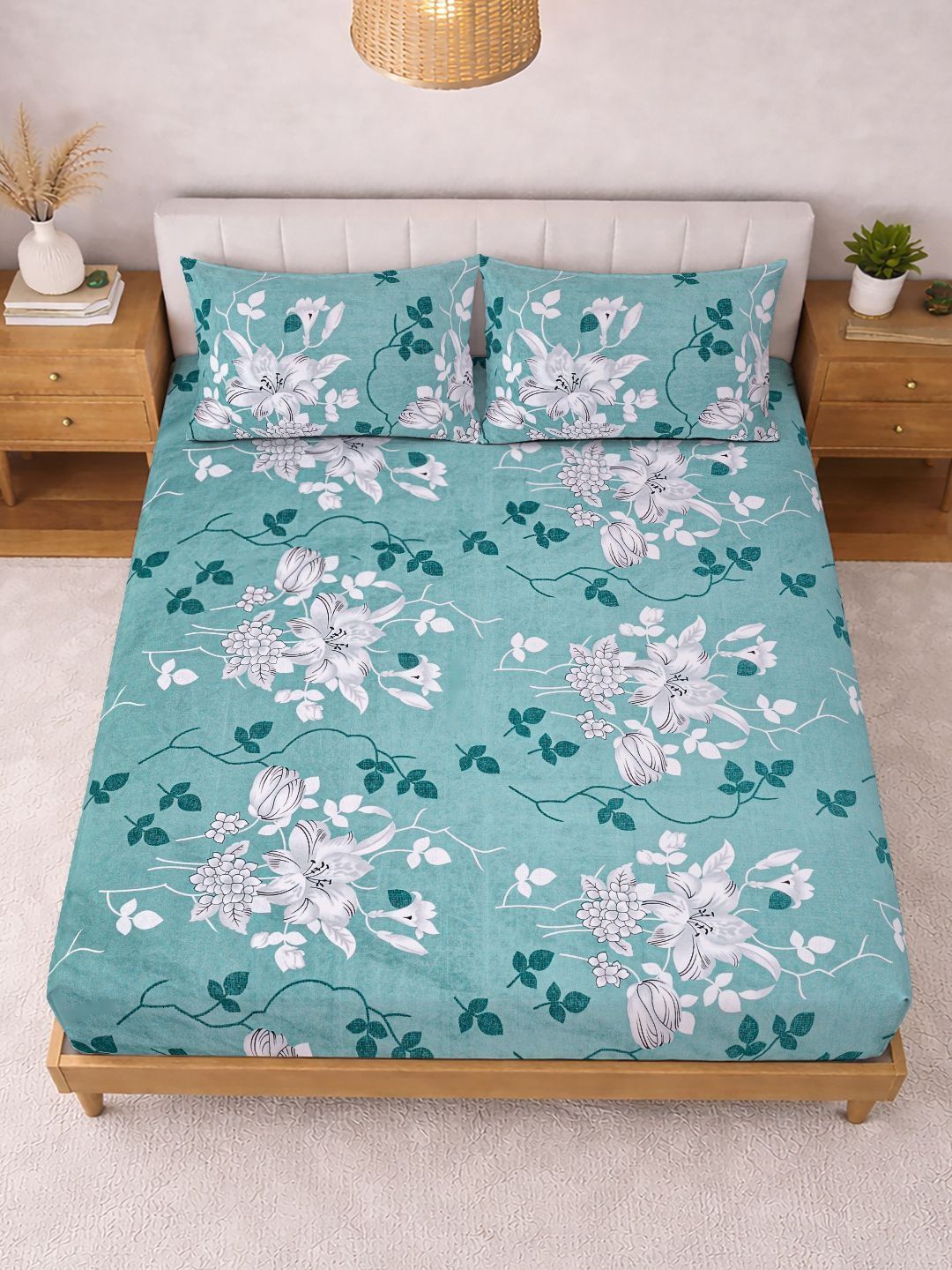 KLOTTHE Hijau & Putih Bercetak 300 TC Cadar Katil Double Dengan 2 Sarung Bantal- 2.5 m x 2.25 m