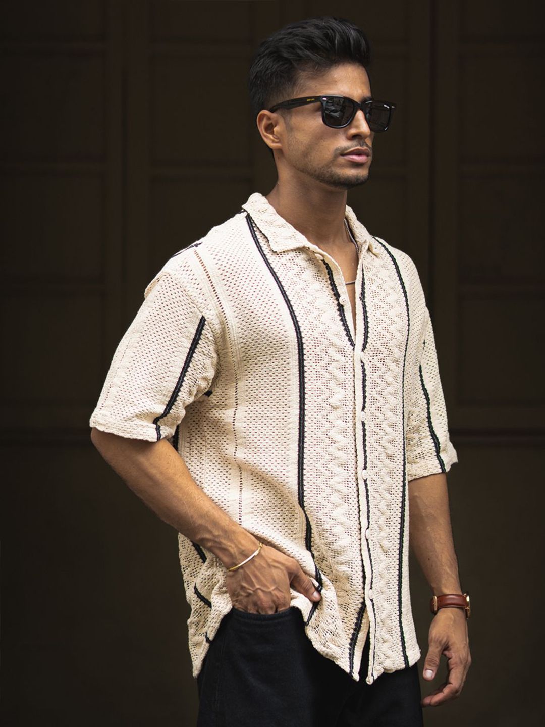 Powerlook Men Spread Collar Vertical Striped Cotton Oversized Casual Shirt