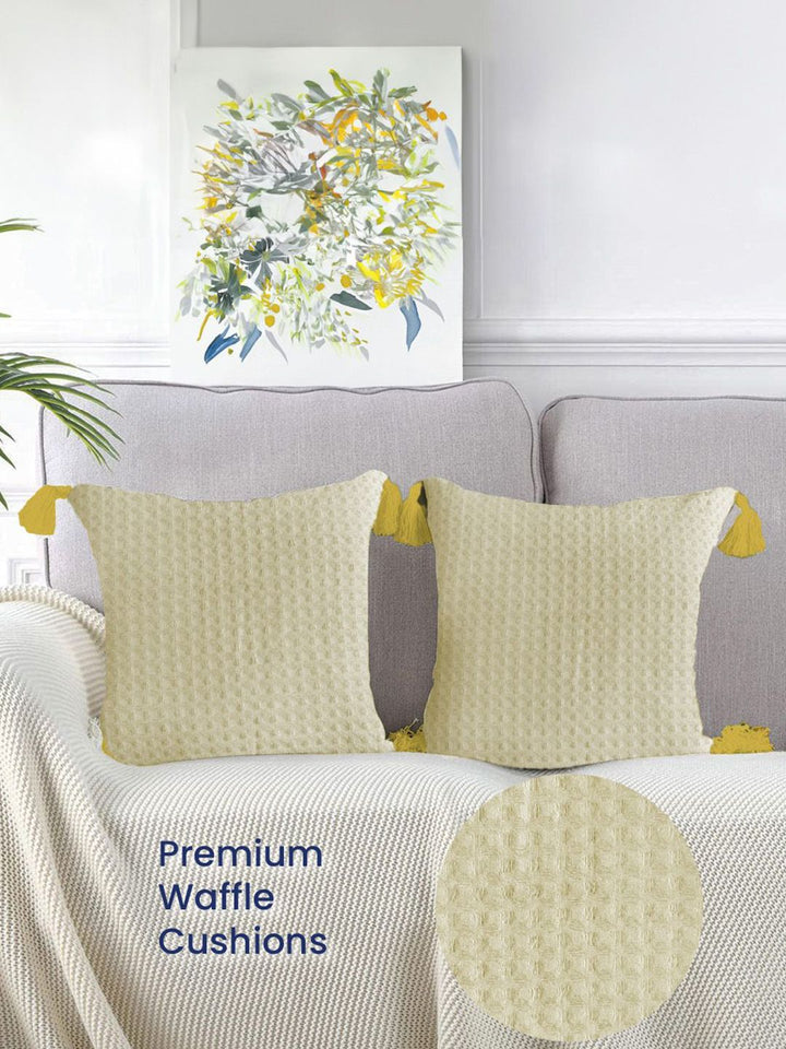 URBAN SPACE Beige 2 Pieces Checked Pure Cotton Square Cushion Covers