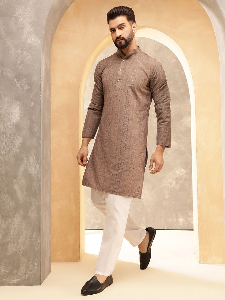 Anouk Brown Ethnic Motifs Embroidered Sequinned Pure Cotton Straight Kurta with Pyjamas
