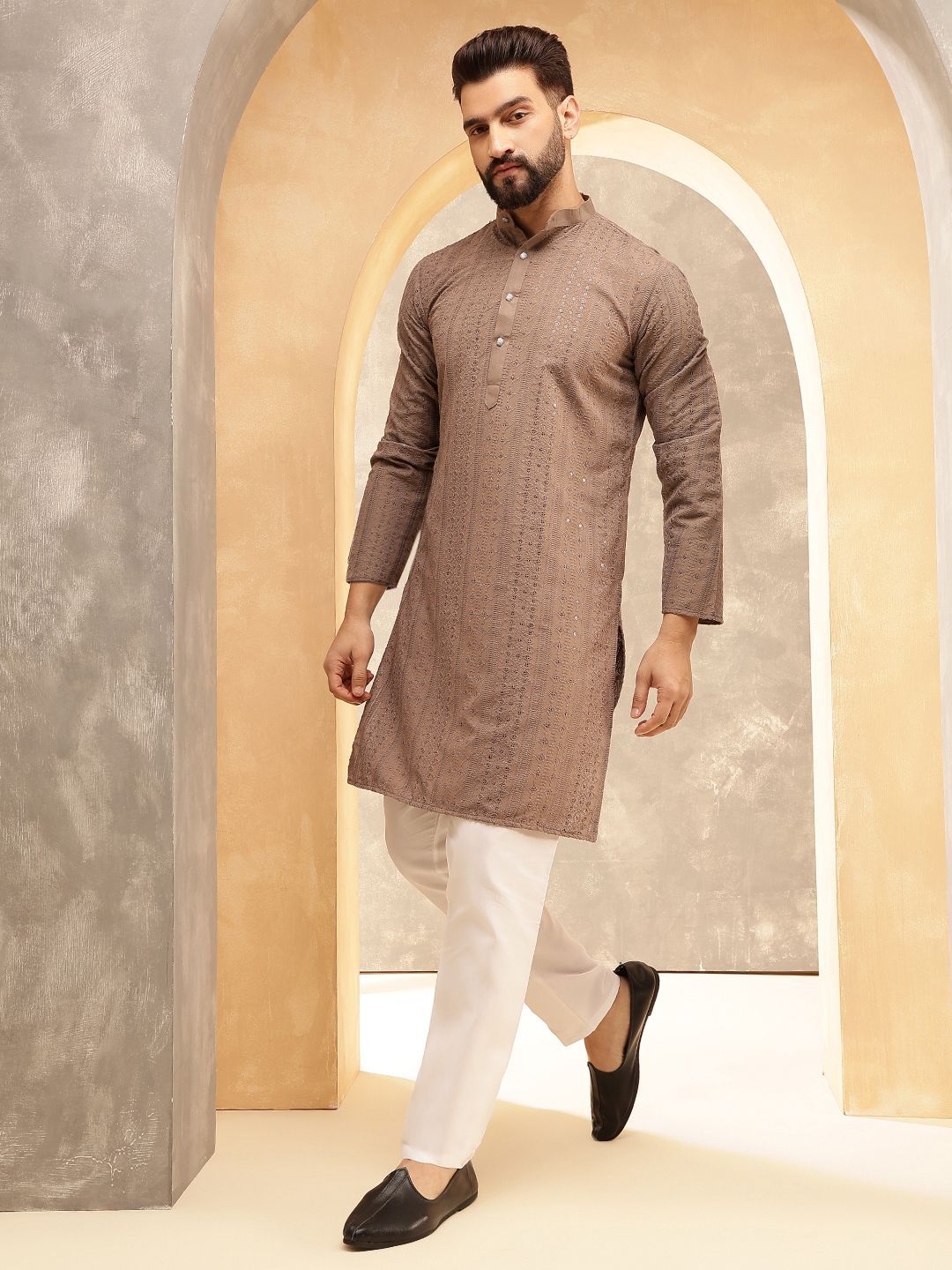 Anouk Brown Ethnic Motifs Embroidered Sequinned Pure Cotton Straight Kurta with Pyjamas