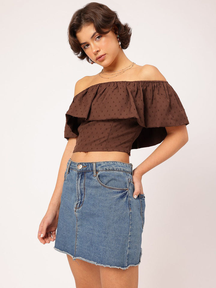 DressBerry Dobby Dreams Ruffled Bardot Crop Top