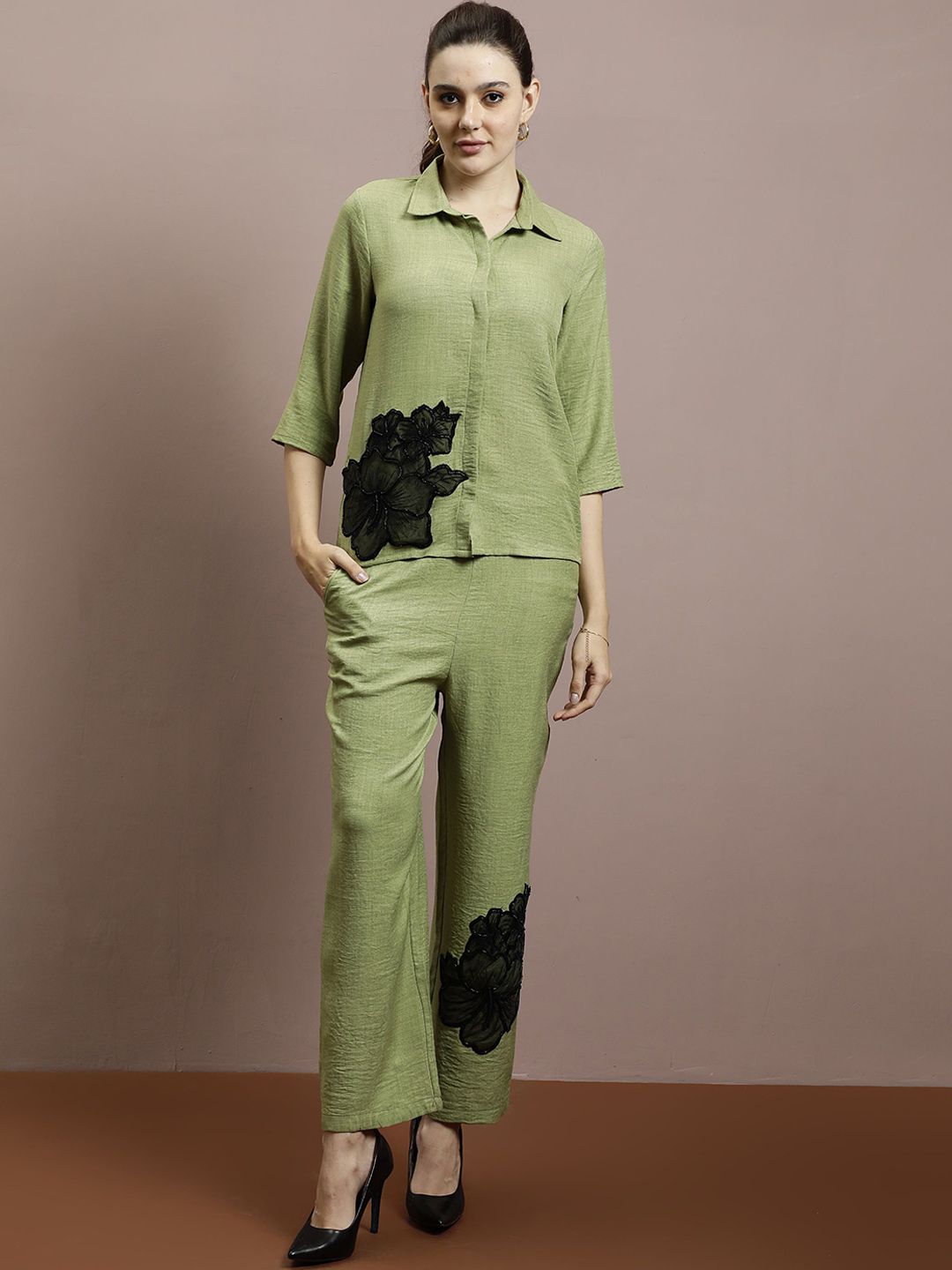Athena Embellished Linen Shirt With Trousers