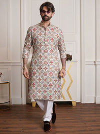 SOJANYA Men Cream-Coloured & Red Ethnic Motifs Printed Kurta
