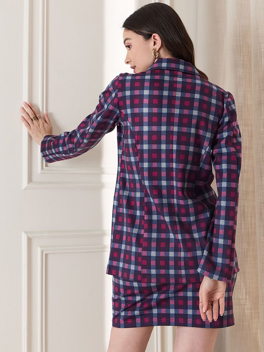 Berrylush Checked Long Sleeves Blazer With Skirt & Top