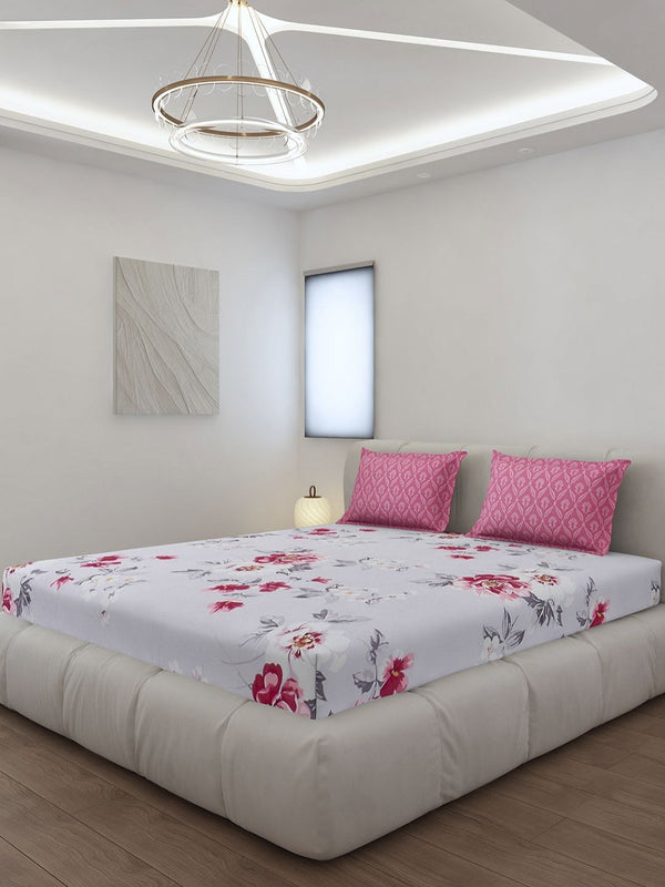 Monte Carlo Stanley Magenta & Grey Floral Printed 144 TC King Bedsheet Set 1.85 m x 1.95 m