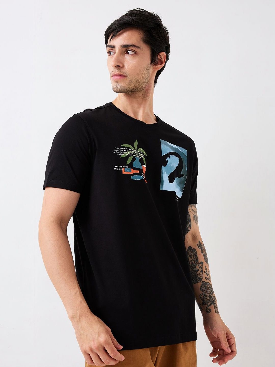 SPYKAR Men Graphic Printed Round Neck Cotton Slim Fit T-shirt