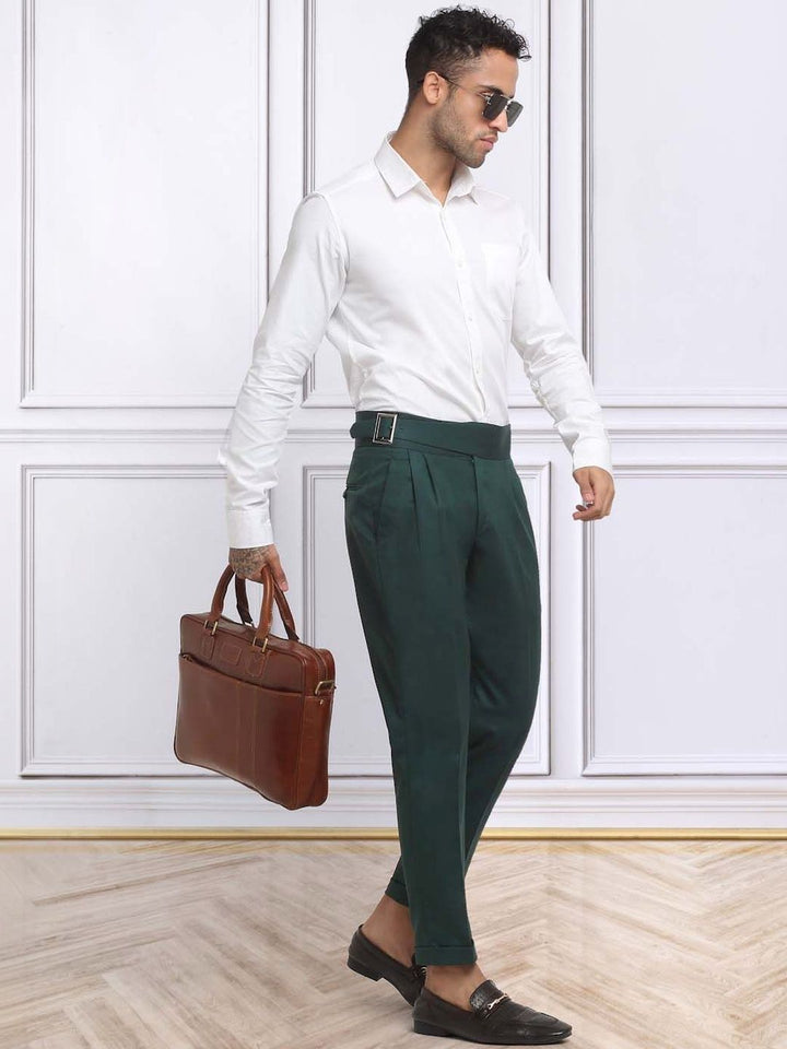 Men's Bottle Green Cotton Rich Solid Slim Fit Formal Gurkha Pants