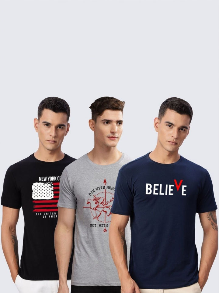 ADRO  Pack of 3 Printed Round Neck Cotton T-shirt
