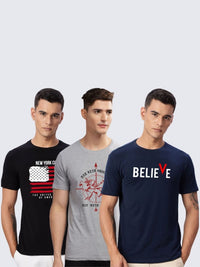 ADRO  Pack of 3 Printed Round Neck Cotton T-shirt