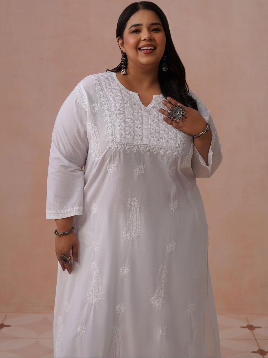 Rumah Motif Etnik Kapas Chikankari Kurta Panjang Betis Lurus