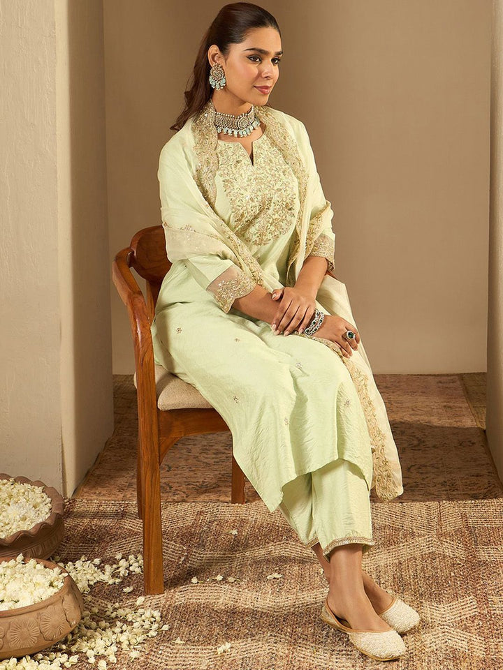Indo Era Floral Embroidered Notched Neck Liva Straight Kurta With Trousers & Dupatta