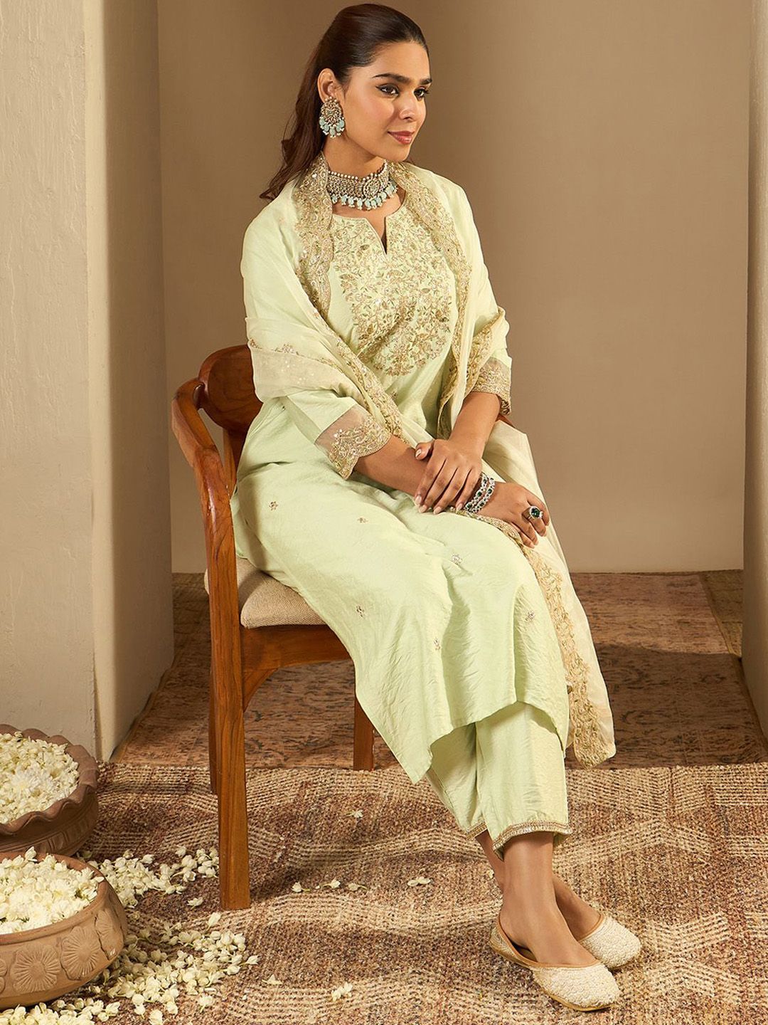 Indo Era Floral Embroidered Notched Neck Liva Straight Kurta With Trousers & Dupatta