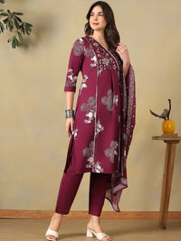 Mamicha Women Floral Printed Angrakha Thread Work Pure Cotton Kurta with Trousers & With Dupatta