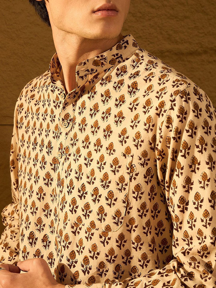 DENNISON Floral Block Printed Mandarin Collar Cotton Short Kurta