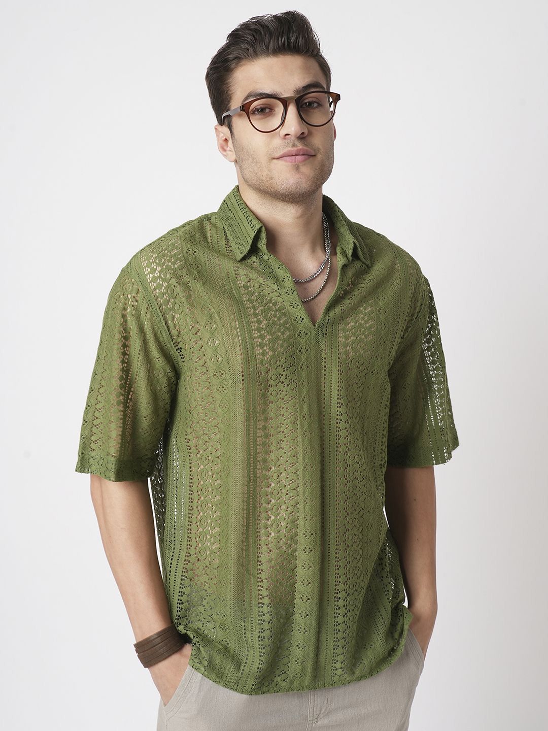 VASTRADO Men Classic Oversized Fit Spread Collar Textured Cotton Casual Shirt
