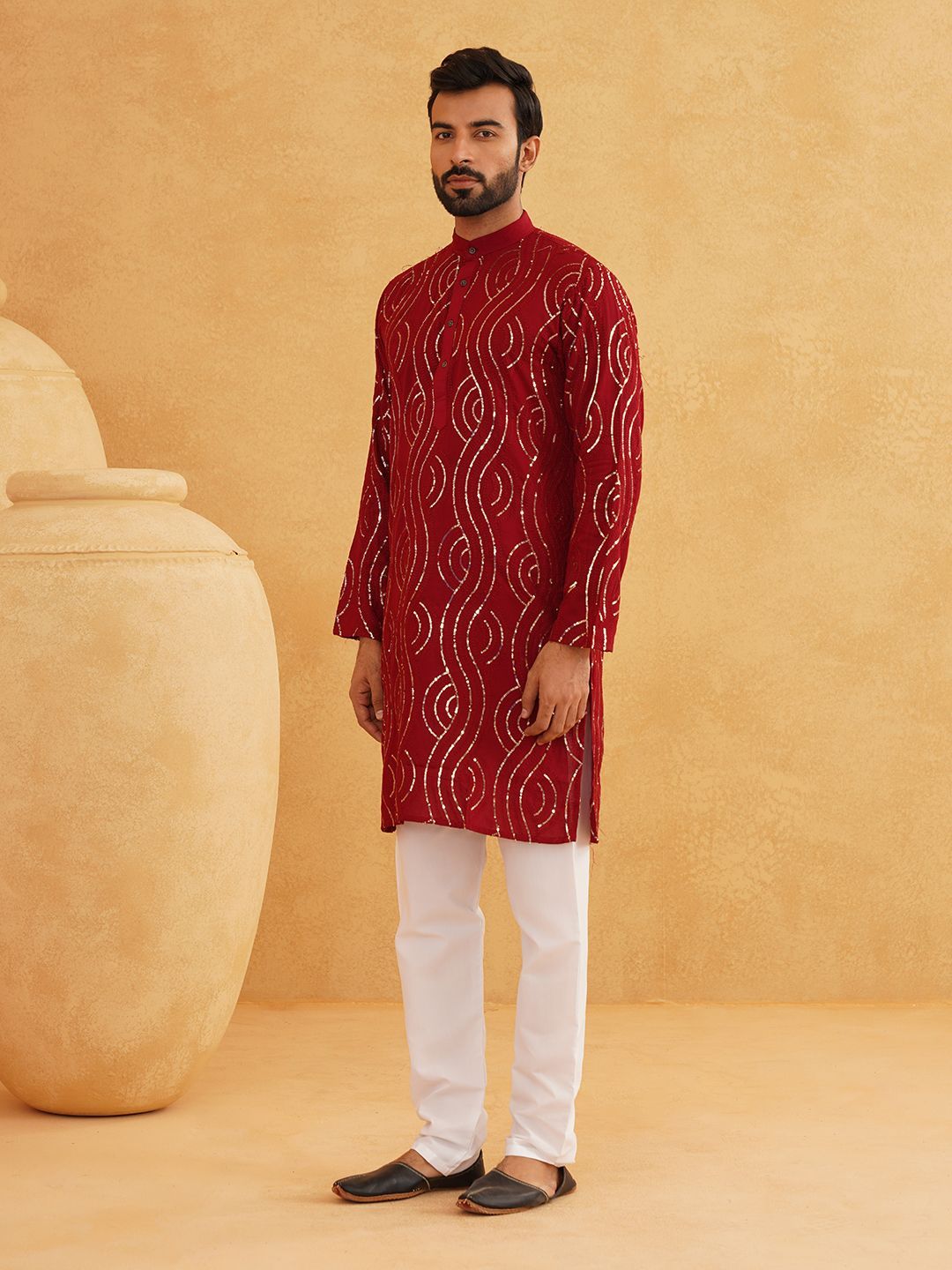 SOJANYA Leheriya Sequinned Band Collar Pure Cotton Straight Kurta With Churidar