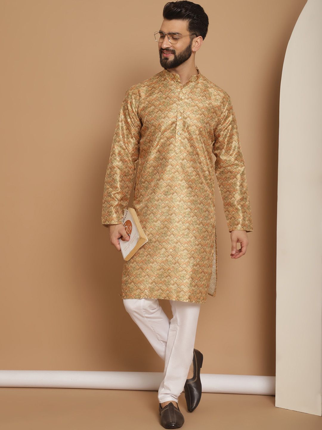 Anouk Men Mustard Yellow Ethnic Motifs Thread Work Pathani Kurta