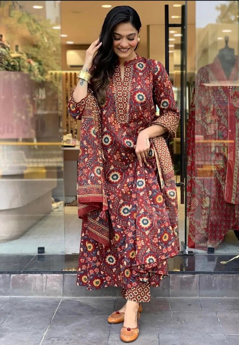 KALINI Floral Printed Mandarin Collar A-Line Kurta With Trouser And Dupatta