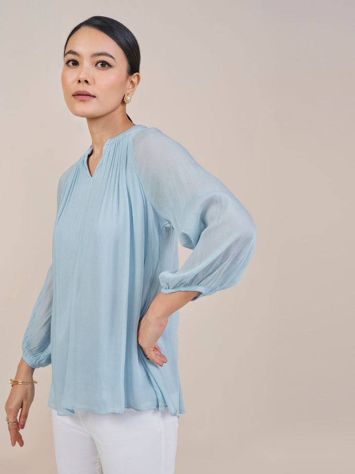 AND Women Solid Puff Sleeves Mandarin Collar Top