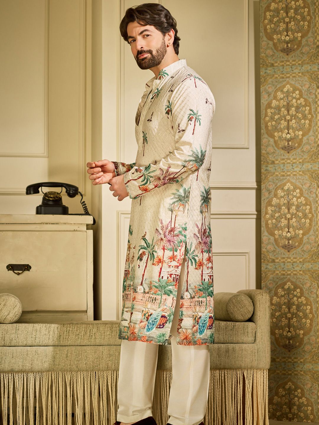 SOJANYA Ethnic Motifs Printed Mandarin Collar Sequinned Straight Kurtas
