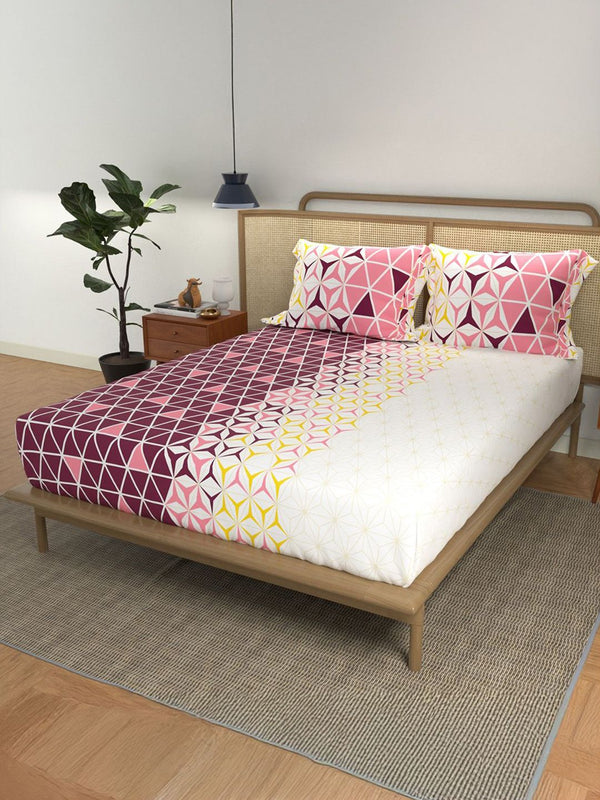 URBAN SPACE Divine Maroon & White Geometric Cotton 144 TC Queen Bedsheet Set