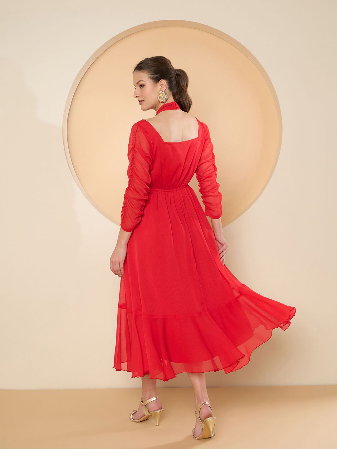 Antheaa Women Halter Neck Chiffon Fit & Flare Embellished Midi Dress