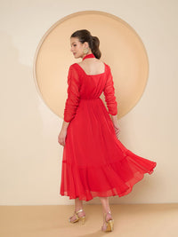 Antheaa Women Halter Neck Chiffon Fit & Flare Embellished Midi Dress