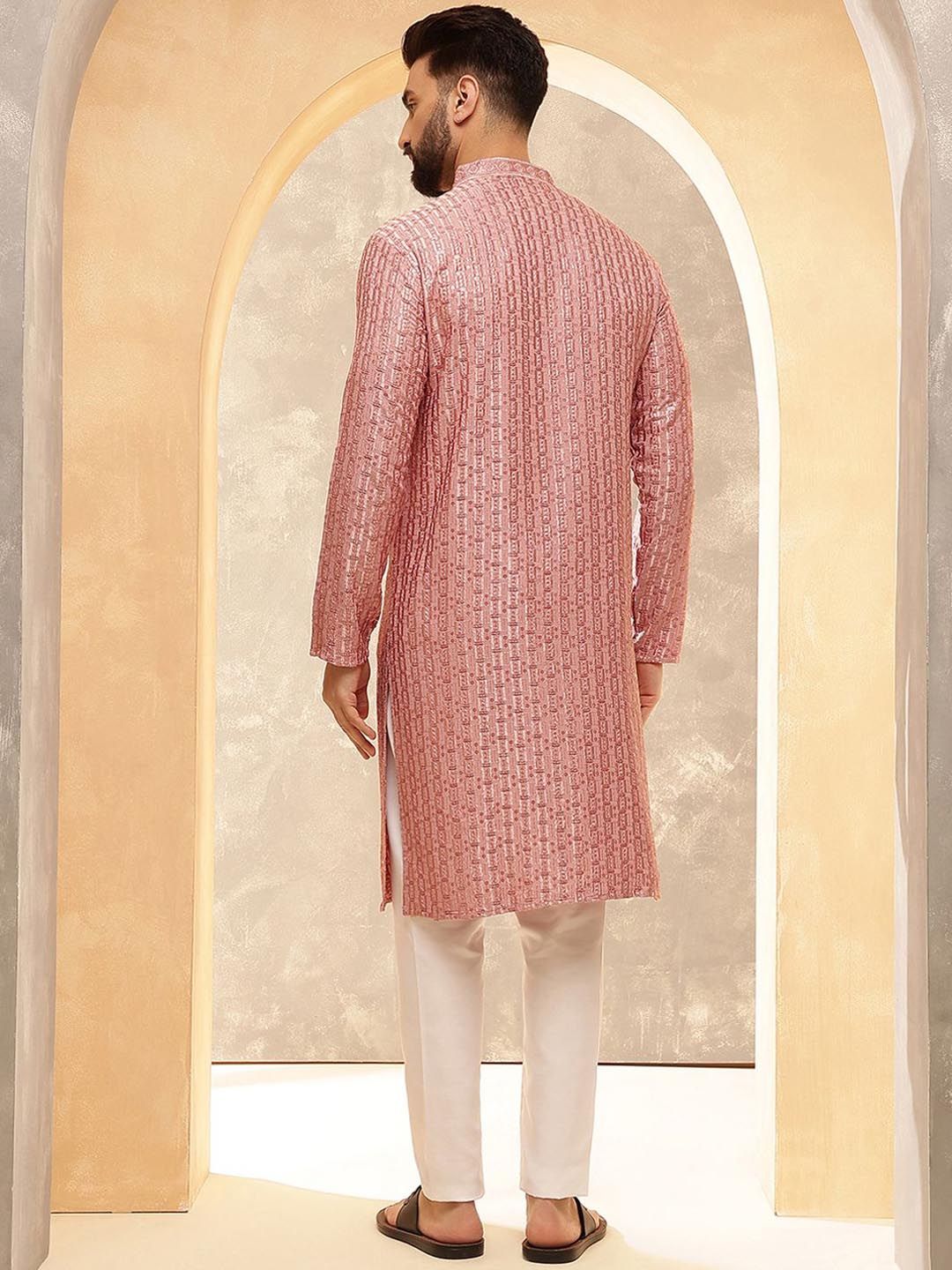 SOJANYA Ethnic Motifs Embroidered Mandarin Collar Sequinned Straight Kurta With Pyjamas